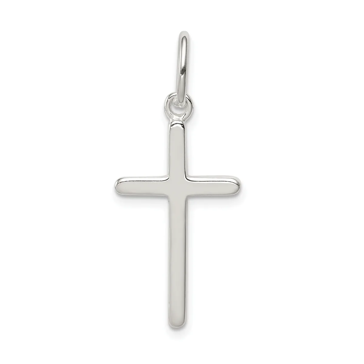 A polished sterling silver cross pendant with rounded edges and a small loop at the top for hanging.