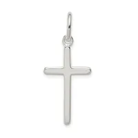 A polished sterling silver cross pendant with rounded edges and a small loop at the top for hanging.