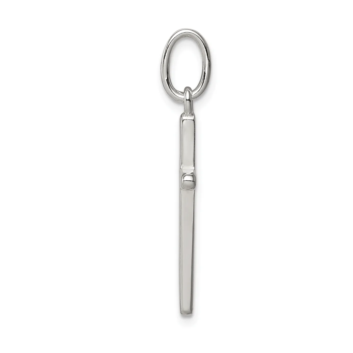 A silver pendant consisting of an oval loop at the top connected to a long cylindrical stem with a band detail near the middle.