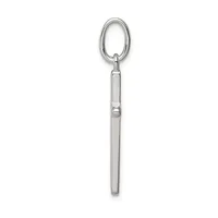 A silver pendant consisting of an oval loop at the top connected to a long cylindrical stem with a band detail near the middle.
