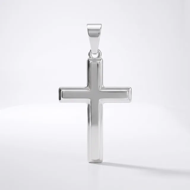 A polished silver cross pendant with a hollow rectangular design and rounded edges, displayed against a white background with a subtle shadow.