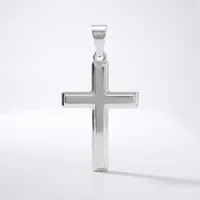A polished silver cross pendant with a hollow rectangular design and rounded edges, displayed against a white background with a subtle shadow.