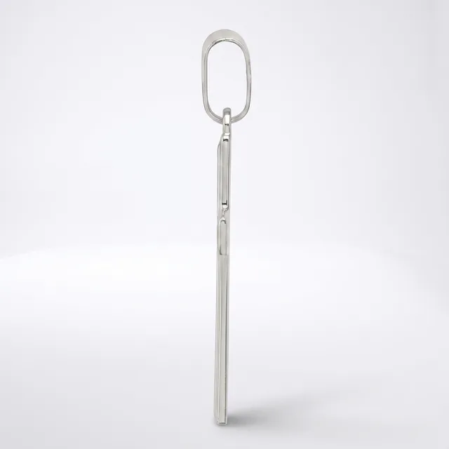 A long, slender metal chain with an oval carabiner clip at the top, displayed vertically against a white background.