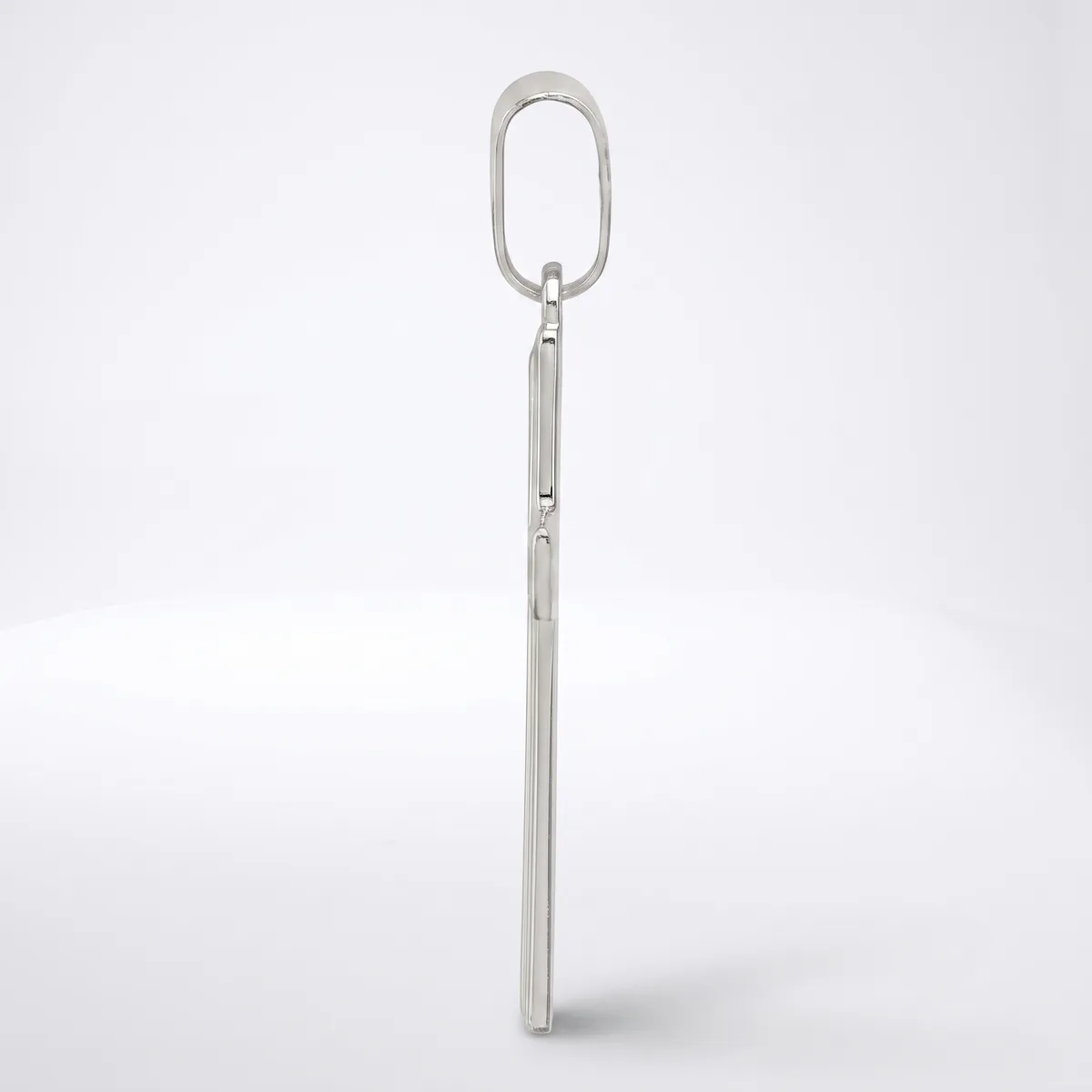 A long, slender metal chain with an oval carabiner clip at the top, displayed vertically against a white background.