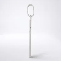 A long, slender metal chain with an oval carabiner clip at the top, displayed vertically against a white background.