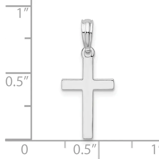 A polished silver cross pendant with a looped bail at the top, shown against a measurement scale indicating approximately 0.5 inches wide and 1 inch tall.