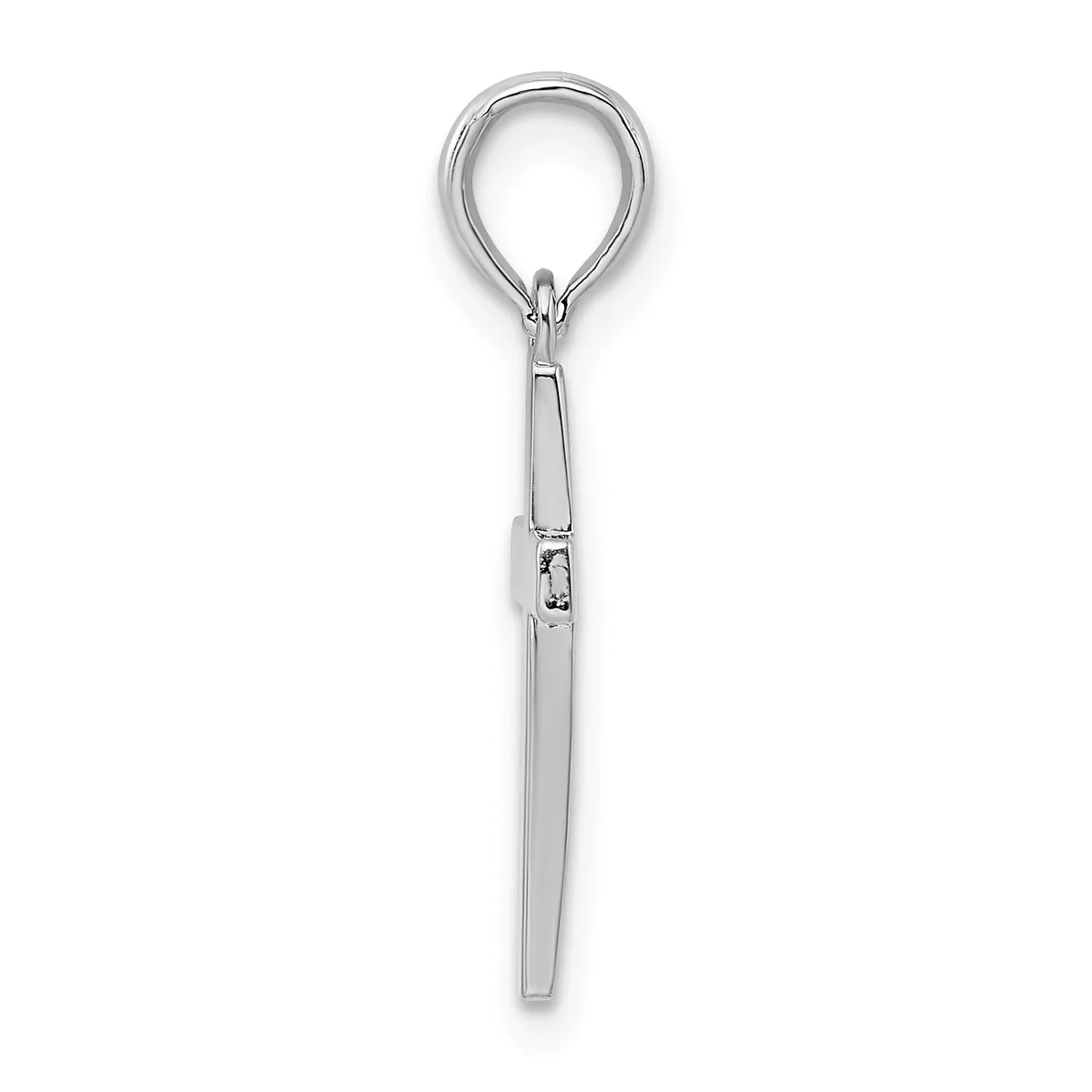 A silver-toned metal keychain with a rounded loop at the top and an elongated cylindrical pendant hanging below it.