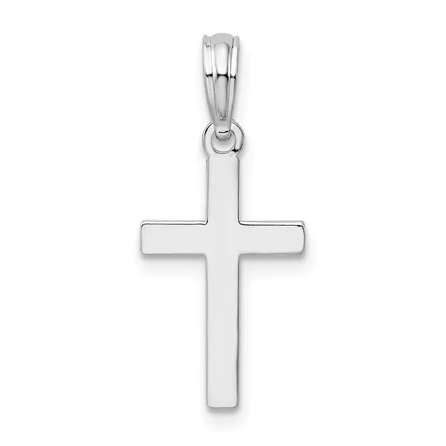A polished silver cross pendant with a rounded bail loop at the top, shown suspended against a white background.