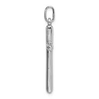 A silver cylindrical pendant with vertical ribbed detailing and an oval loop attachment at the top, displayed against a white background.
