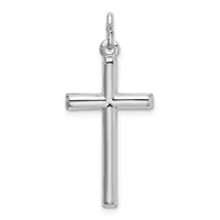A polished silver cross pendant with a tubular design and a small loop at the top for hanging on a chain.