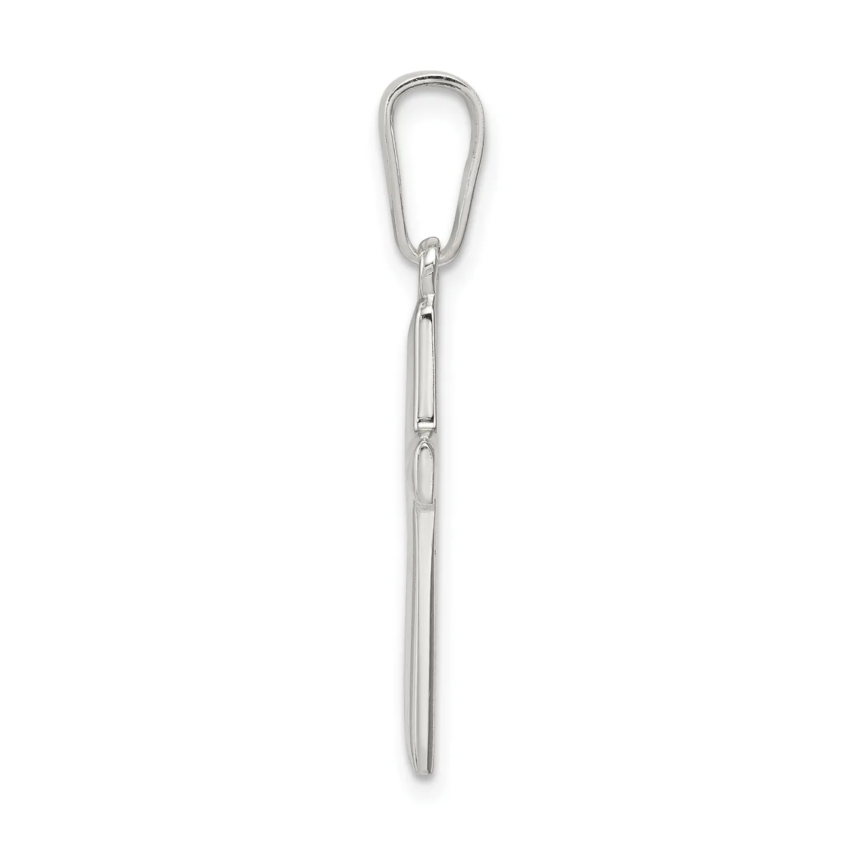 A silver carabiner clip attached to a long chain link, displayed vertically against a white background.