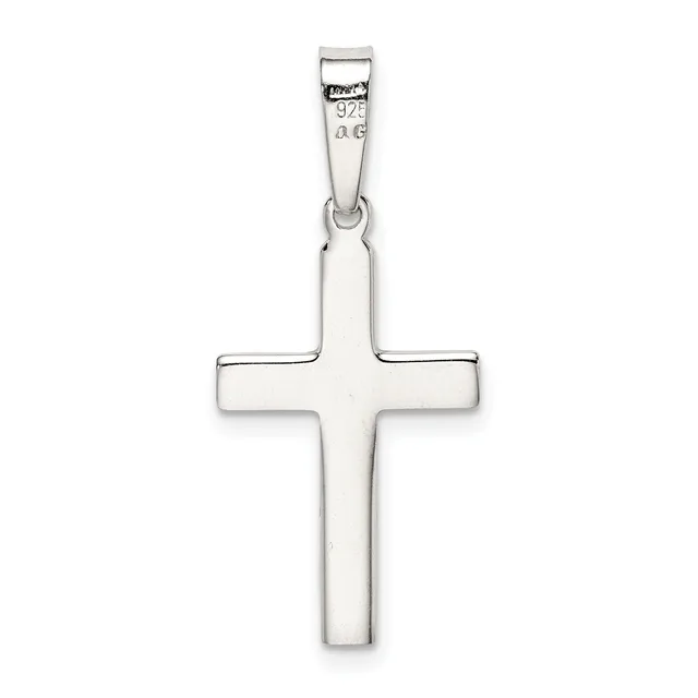 A polished sterling silver cross pendant with a rectangular shape and rounded edges, suspended from a bail loop at the top.