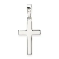 A polished sterling silver cross pendant with a rectangular shape and rounded edges, suspended from a bail loop at the top.