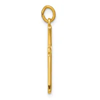 A gold cylindrical pendant with a decorative loop at the top and linear detailing along its length, shown against a white background.