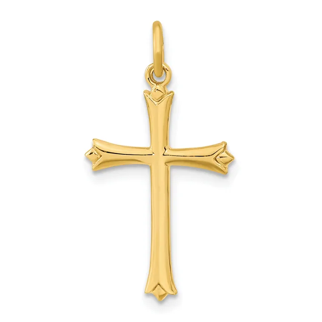 A gold cross pendant with flared ends and a small heart detail at the top, displayed against a white background.