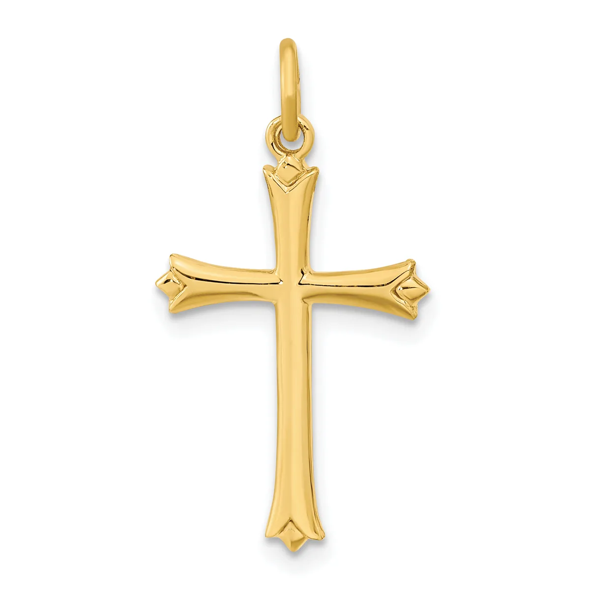 A gold cross pendant with flared ends and a small heart detail at the top, displayed against a white background.