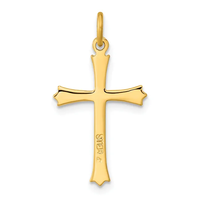 A gold cross pendant with flared ends and a small stamped hallmark on the lower arm, shown against a white background.