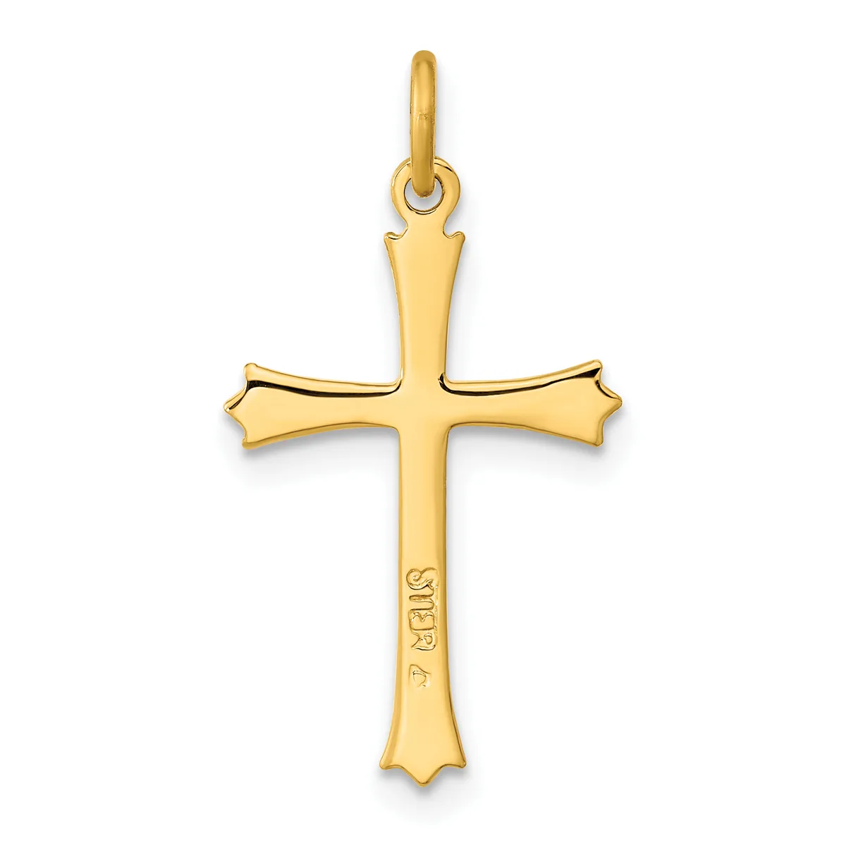 A gold cross pendant with flared ends and a small stamped hallmark on the lower arm, shown against a white background.