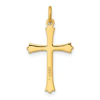 A gold cross pendant with flared ends and a small stamped hallmark on the lower arm, shown against a white background.