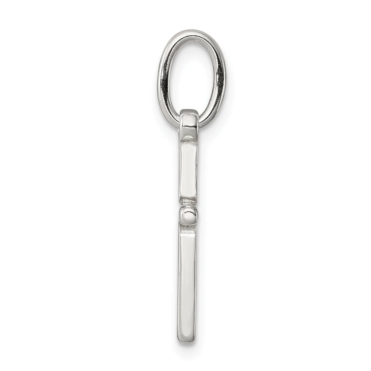 A sterling silver pendant consisting of an oval loop at the top attached to a cylindrical shaft with a small circular accent band near the middle.