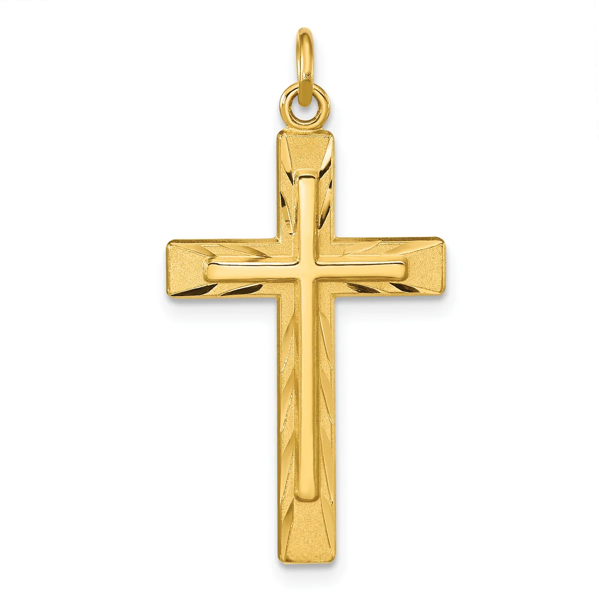 A gold cross pendant with a polished finish and textured vertical center stripe, suspended from a loop bail at the top.