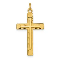 A gold cross pendant with a polished finish and textured vertical center stripe, suspended from a loop bail at the top.
