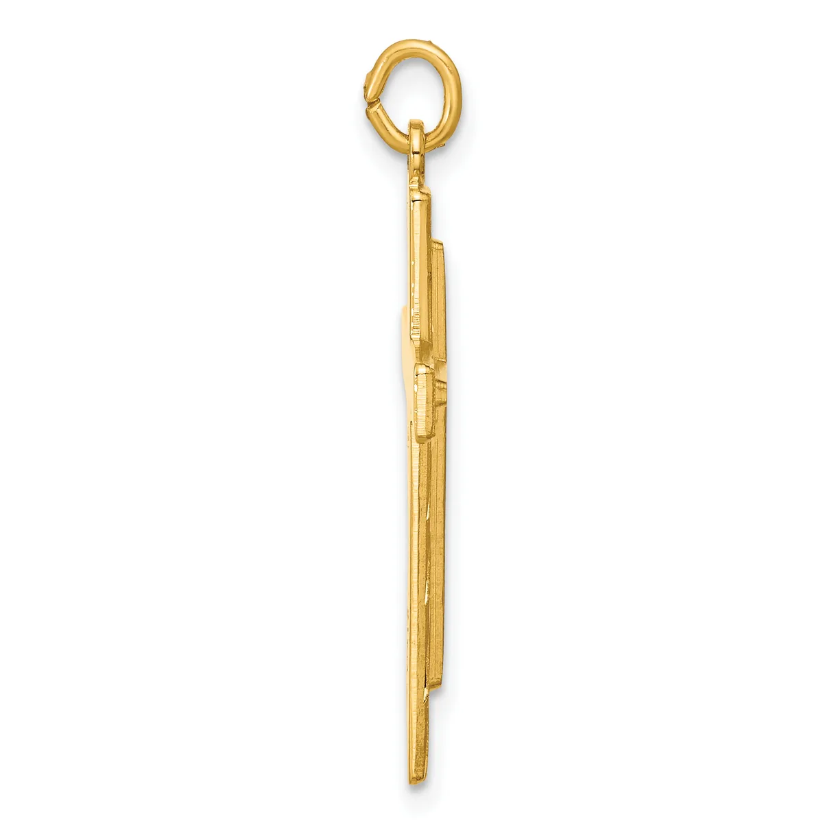 A long, thin gold pendant with a loop at the top and a tapered rectangular shape, shown hanging against a white background.