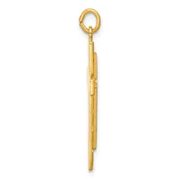 A long, thin gold pendant with a loop at the top and a tapered rectangular shape, shown hanging against a white background.