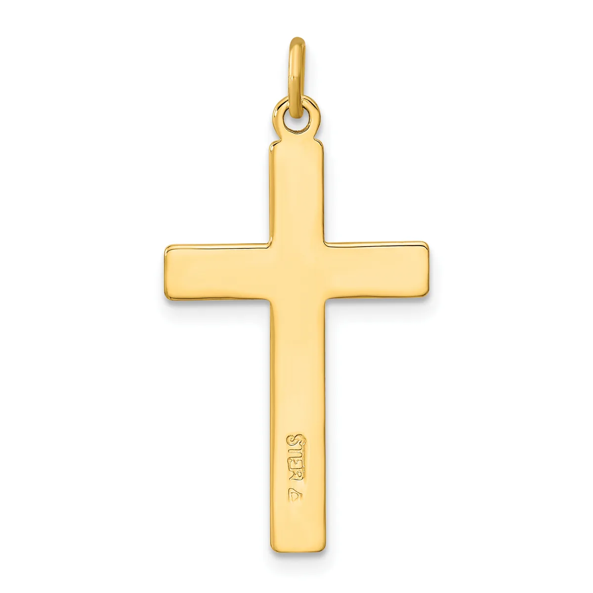 A polished gold cross pendant with a small loop at the top for attaching to a chain or necklace.
