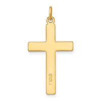 A polished gold cross pendant with a small loop at the top for attaching to a chain or necklace.