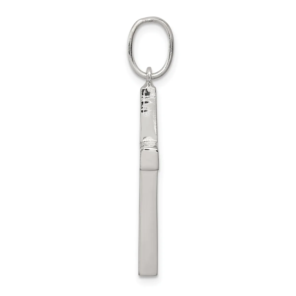 A silver-toned cylindrical keychain pendant with a band detail around the middle, suspended from an oval ring.