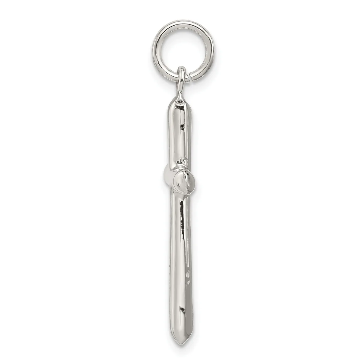 A silver-toned metal keychain with a split ring at the top and an elongated cylindrical pendant with a small decorative knot detail, hanging vertically against a white background.