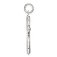 A silver-toned metal keychain with a split ring at the top and an elongated cylindrical pendant with a small decorative knot detail, hanging vertically against a white background.