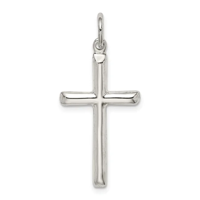 A polished silver cross pendant with rounded edges and a small loop at the top for hanging on a chain.