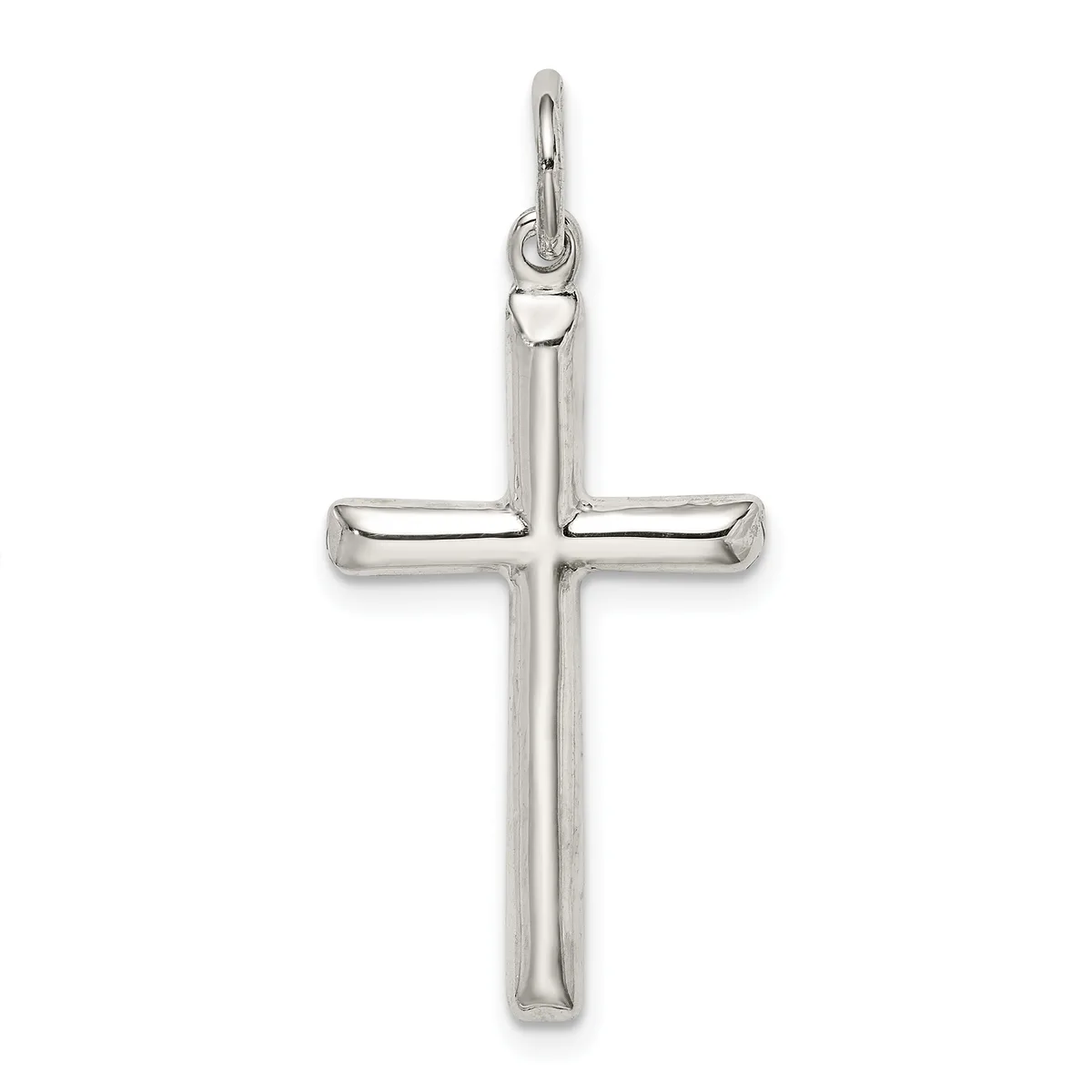 A polished silver cross pendant with rounded edges and a small loop at the top for hanging on a chain.