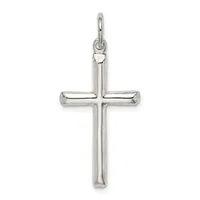 A polished silver cross pendant with rounded edges and a small loop at the top for hanging on a chain.