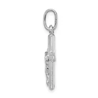 Silver crucifix pendant hanging from an oval link charm bail, shown against a white background.