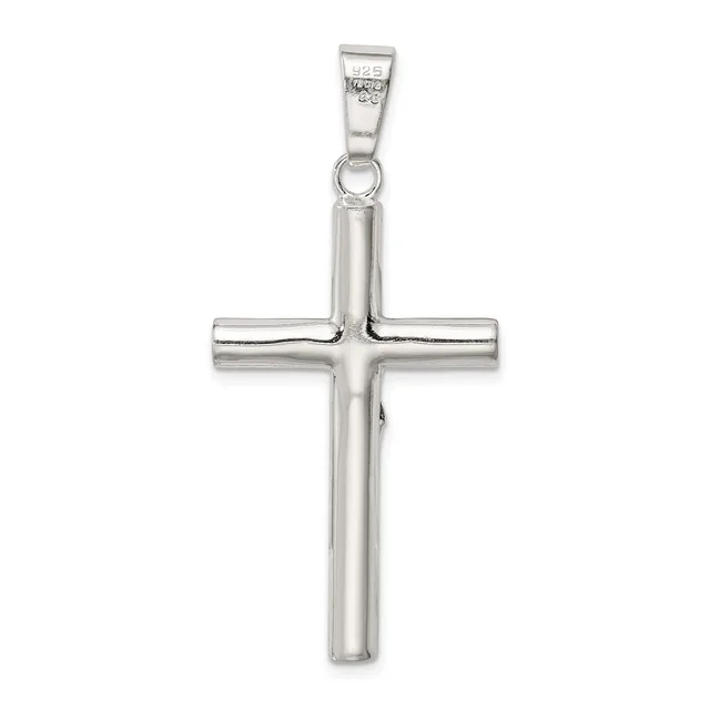 A sterling silver cross pendant with a hollow tubular design and a small loop at the top for hanging on a chain.