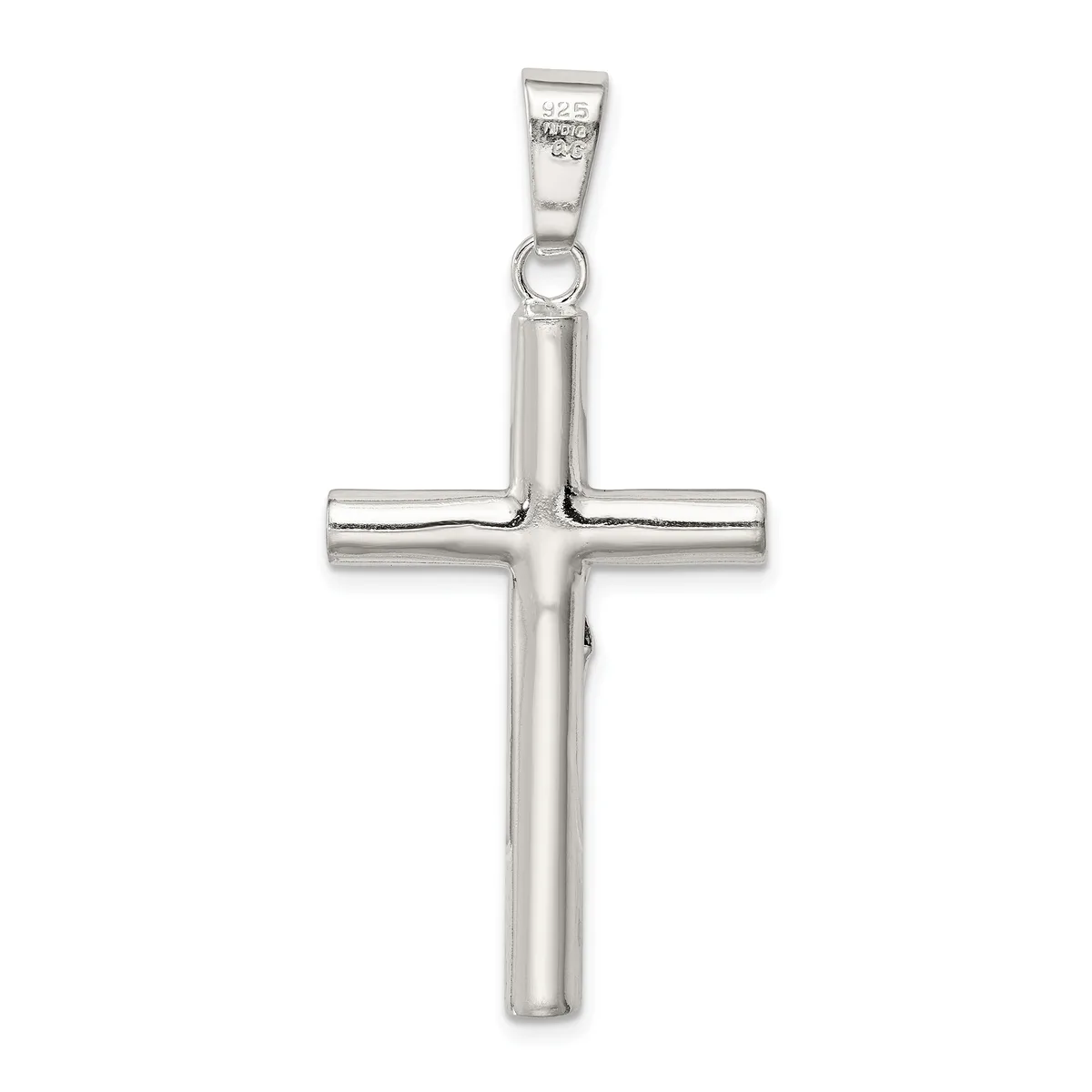 A sterling silver cross pendant with a hollow tubular design and a small loop at the top for hanging on a chain.