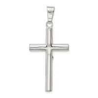 A sterling silver cross pendant with a hollow tubular design and a small loop at the top for hanging on a chain.
