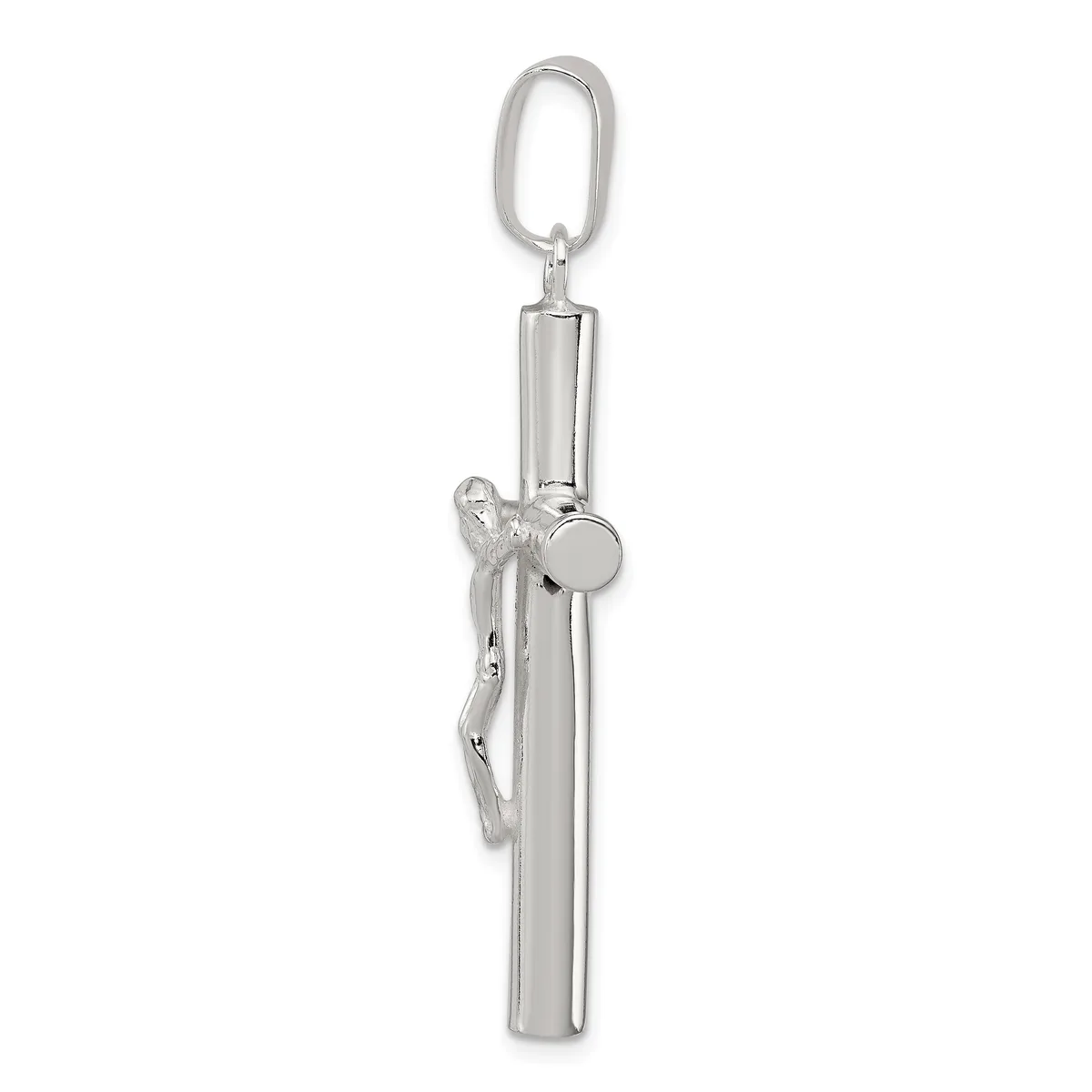 A sterling silver whistle pendant with an attached oval loop bail, displayed vertically against a white background.