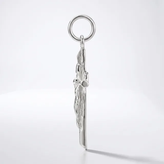 Silver keychain with an ornate tassel pendant featuring decorative metalwork and a small spherical stone detail, hanging from a split ring against a white background.