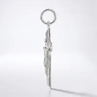 Silver keychain with an ornate tassel pendant featuring decorative metalwork and a small spherical stone detail, hanging from a split ring against a white background.