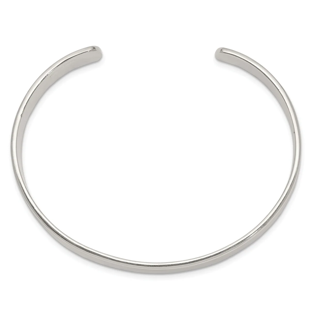 A polished silver cuff bracelet with open ends displayed against a white background.