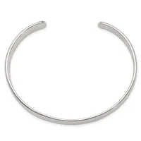A polished silver cuff bracelet with open ends displayed against a white background.