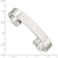 A polished silver cuff bracelet with a curved rectangular form and rounded edges, displayed against a measurement scale showing approximately 2 inches in width.