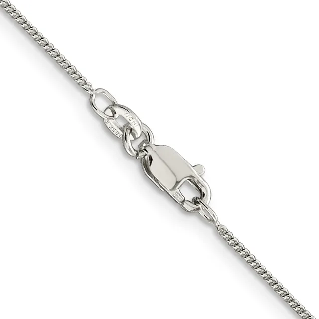 A silver chain necklace with a lobster claw clasp and small jump rings, displayed against a white background.