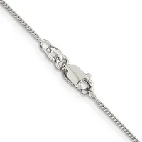 A silver chain necklace with a lobster claw clasp and small jump rings, displayed against a white background.