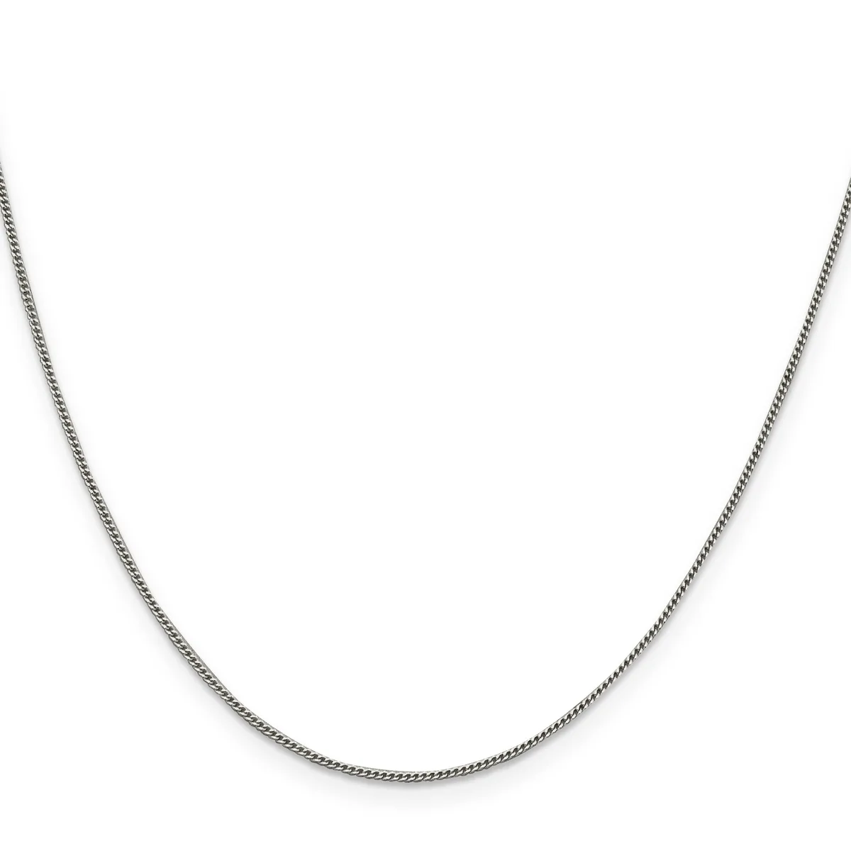 A thin silver snake chain necklace displayed against a white background.