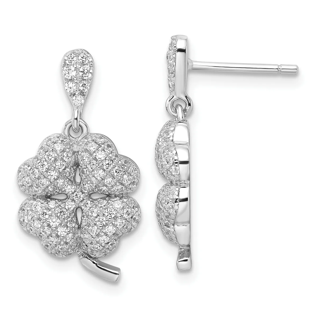 Pair of four-leaf clover drop earrings in white metal set with small round diamonds, shown from front and side views.